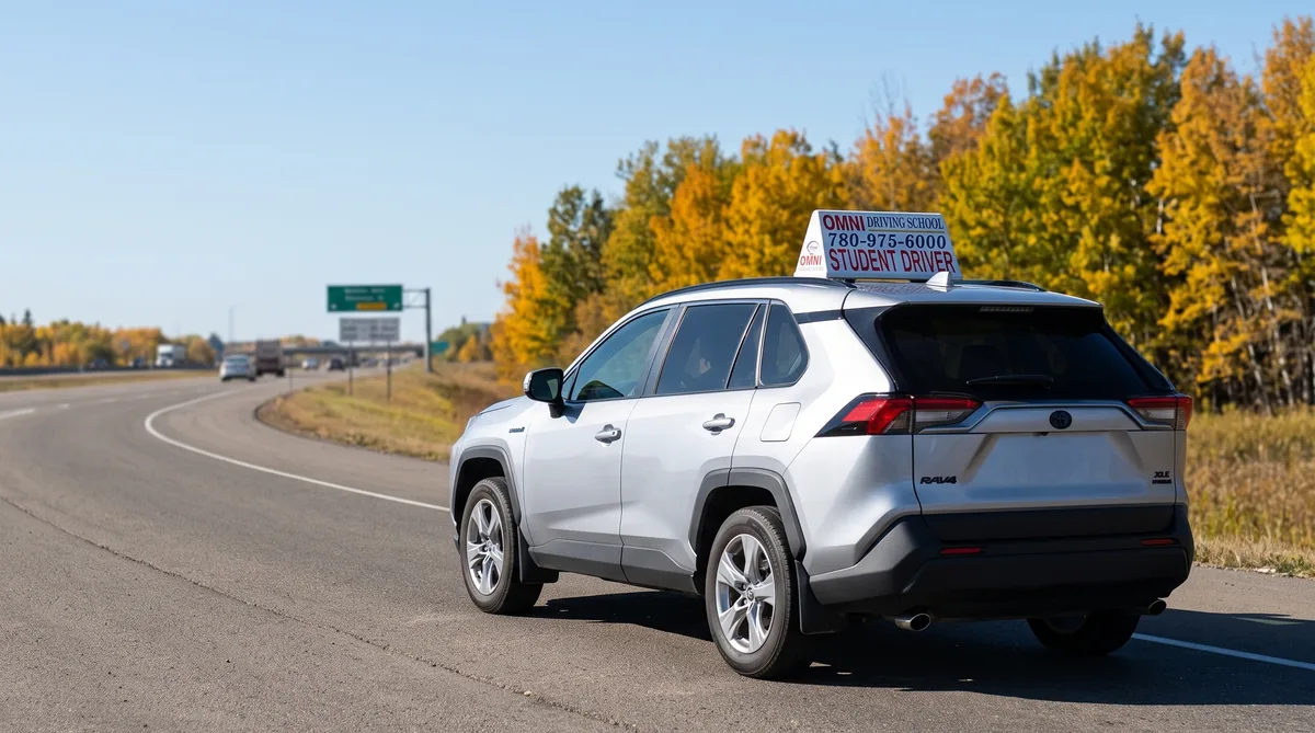 The Omni Driving School car joining a highway lined with autumn trees