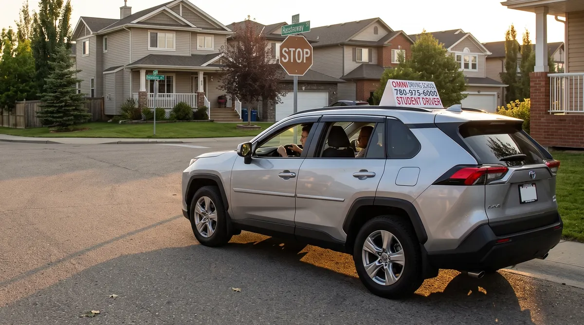 A student waits at a stop sign in the Omni Driving School car on a quiet street