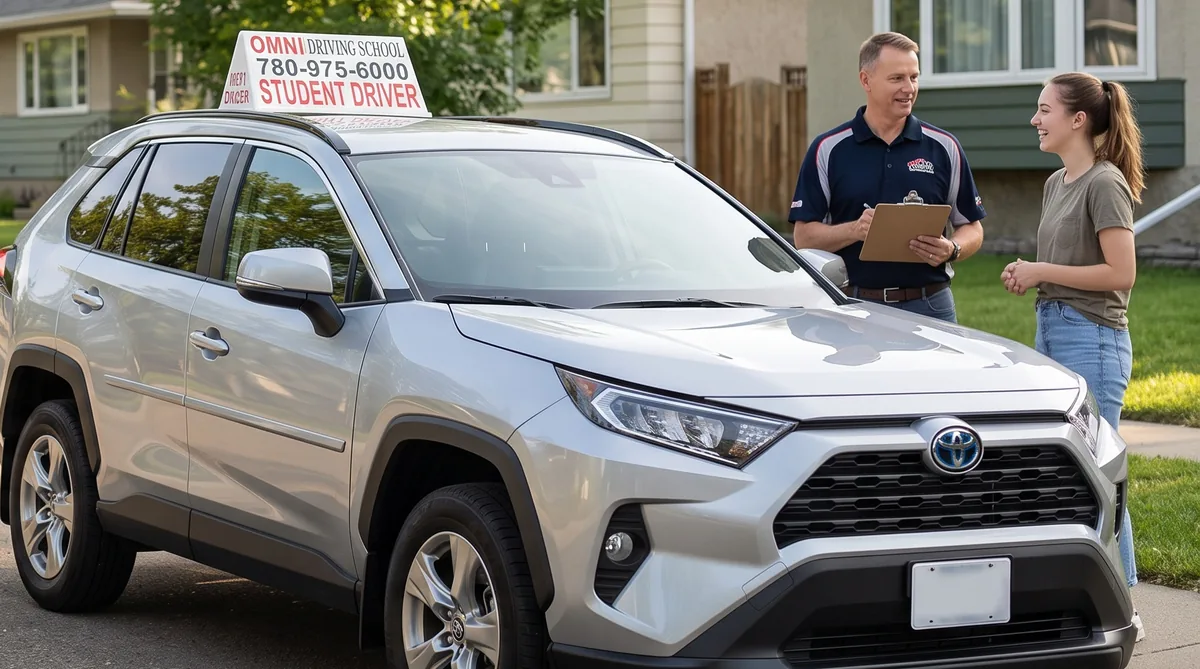 A smiling instructor with a clipboard talks with a student next to the Omni Driving School car