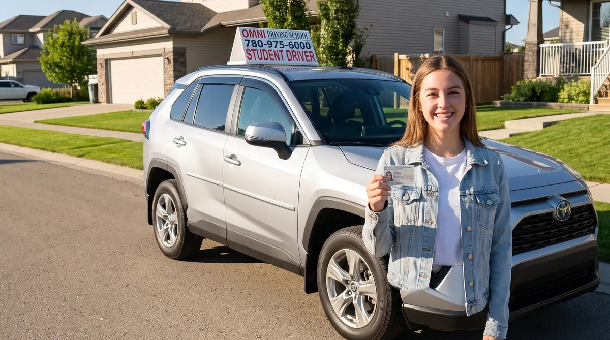 A smiling young driver holds up her licence card beside the Omni Driving School car