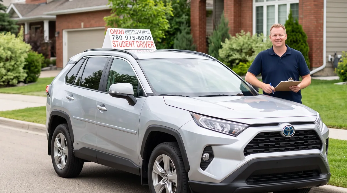 A smiling instructor with a clipboard stands beside the Omni Driving School car